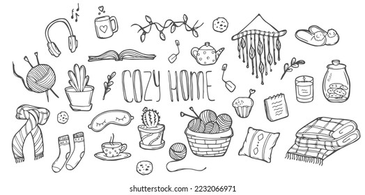 Hand drawn set of home hygge doodles. Coziness and comfortable lifestyle, cozy home. Cushion, house plant, mask for sleep, socks in sketch style. Vector illustration isolated on white background.