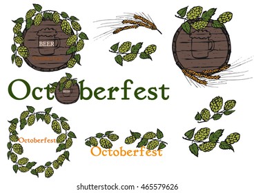Hand drawn set of hop, beer and barrel for Octoberfest. Vector illustration