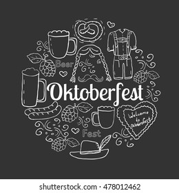 Hand drawn set of hop, beer, sausages, clothes, hat, and cake for Octoberfest. Vector illustration