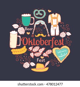 Hand drawn set of hop, beer, sausages, clothes, hat, and cake for Octoberfest. Vector illustration