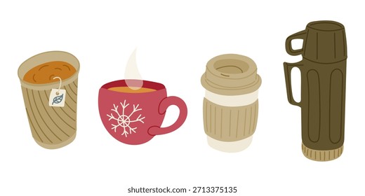Hand drawn set of hot beverage cups and thermos including tea mug coffee cup and travel tumbler isolated on white background. This illustration represents warm drinks lifestyle comfort