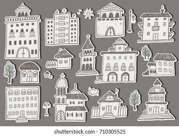 Hand drawn set of house and building sketch and design vector illustration.