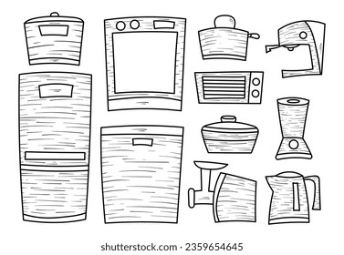 Hand Drawn Set of Household Appliances, Vector Doodle Elements