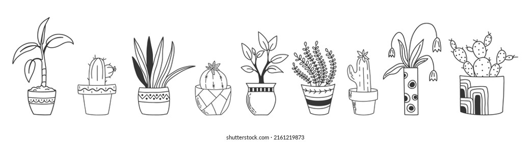 Hand drawn set houseplants isolated on a white background. Doodle style collection potted plants. Vector clipart for plants shop, social media post, for scrapbooking and more.