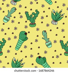 Hand drawn set of houseplants. Seamless pattern. Doodle style. Vector illistration