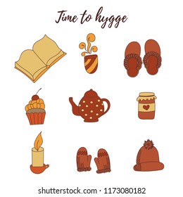 Hand drawn set hygge elements. Time to Hygge. Vector illustration