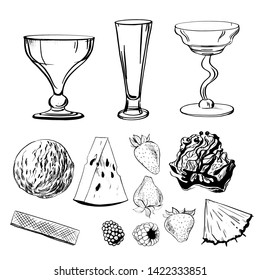 Hand drawn set of ice cream elements.  Illustration of fruits and berries.  Hend drawn vector sketch.