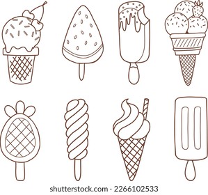 Hand drawn set of ice cream doodle. Sweet desserts in sketch style. 