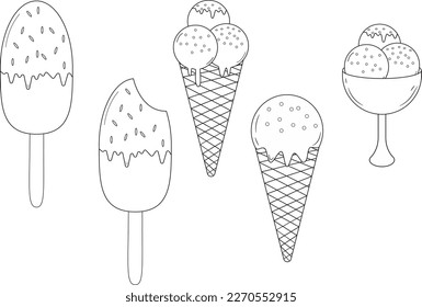 Hand drawn set of ice cream doodle. sweet desserts. Eskimo, waffle con e sketch style vector illustration isolated on white background for cafe or restaurant menu.