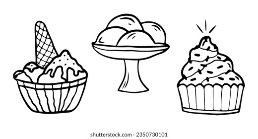 Juego de helados a mano, doodle sundae en gofre, tarta y postres. Esbozar ilustración vectorial de estilo para el menú café, tarjeta, decoración de tarjetas de cumpleaños.