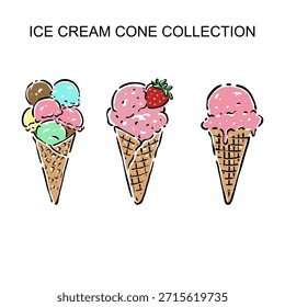 Conjunto de cucharada de helado dibujado a mano con cono de gofre, ilustración de postre fresco y sabroso. Perfecto para el diseño de menús, marcas de cafeterías, empaques, publicidad, redes sociales y proyectos creativos relacionados con la comida.