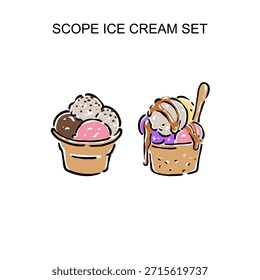 Conjunto de cucharada de helado dibujado a mano con cono de gofre, ilustración de postre fresco y sabroso. Perfecto para el diseño de menús, marcas de cafeterías, empaques, publicidad, redes sociales y proyectos creativos relacionados con la comida.
