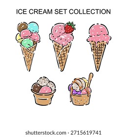 Conjunto de cucharada de helado dibujado a mano con cono de gofre, ilustración de postre fresco y sabroso. Perfecto para el diseño de menús, marcas de cafeterías, empaques, publicidad, redes sociales y proyectos creativos relacionados con la comida.