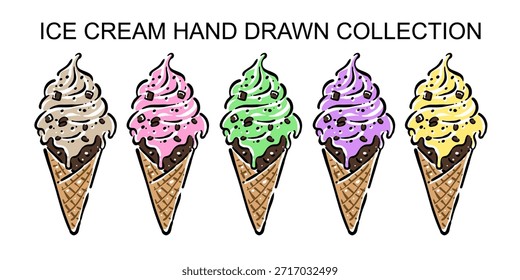Conjunto de cucharada de helado dibujado a mano con cono de gofre, ilustración de postre fresco y sabroso. Perfecto para el diseño de menús, marcas de cafeterías, empaques, publicidad, redes sociales y proyectos creativos relacionados con la comida.