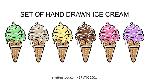 Conjunto de cucharada de helado dibujado a mano con cono de gofre, ilustración de postre fresco y sabroso. Perfecto para el diseño de menús, marcas de cafeterías, empaques, publicidad, redes sociales y proyectos creativos relacionados con la comida.