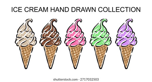 Conjunto de cucharada de helado dibujado a mano con cono de gofre, ilustración de postre fresco y sabroso. Perfecto para el diseño de menús, marcas de cafeterías, empaques, publicidad, redes sociales y proyectos creativos relacionados con la comida.
