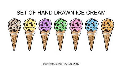 Conjunto de cucharada de helado dibujado a mano con cono de gofre, ilustración de postre fresco y sabroso. Perfecto para el diseño de menús, marcas de cafeterías, empaques, publicidad, redes sociales y proyectos creativos relacionados con la comida.