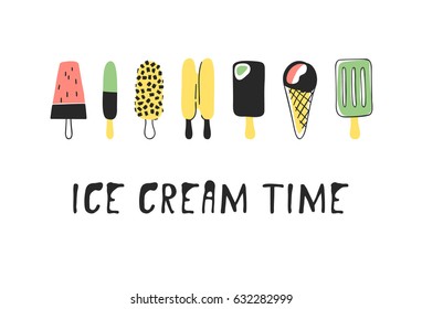 Hand drawn set of ice cream. Vector artistic drawing food. Summer fashion illustration
