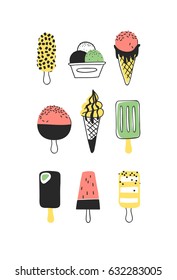 Hand drawn set of ice cream. Vector artistic drawing food. Summer fashion illustration