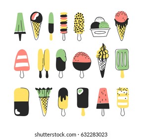 Hand drawn set of ice cream. Vector artistic drawing food. Summer fashion illustration
