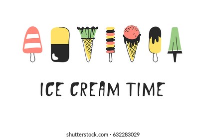 Hand drawn set of ice cream. Vector artistic drawing food. Summer fashion illustration
