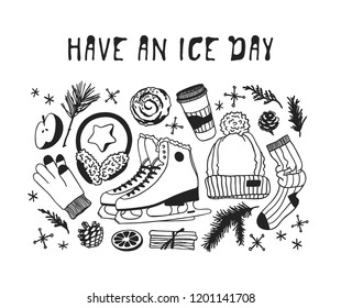 Hand drawn set with Ice Skating Things. Winter Sport vector background. Actual fashion illustration. Original doodle style drawing. Creative ink art work