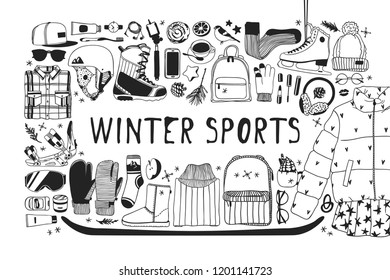 Hand drawn set with Ice Skating Things. Winter Sport vector background. Actual fashion illustration. Original doodle style drawing. Creative ink art work