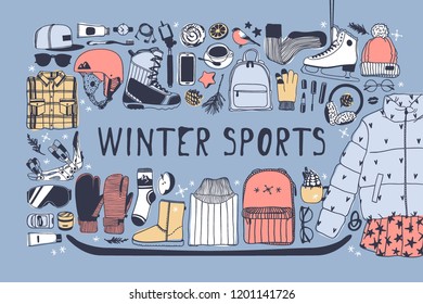 Hand drawn set with Ice Skating Things. Winter Sport vector background. Actual fashion illustration. Original doodle style drawing. Creative ink art work