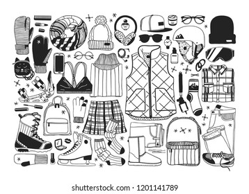 Hand drawn set with Ice Skating Things. Winter Sport vector background. Actual fashion illustration. Original doodle style drawing. Creative ink art work