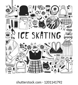 Hand drawn set with Ice Skating Things. Winter Sport vector background. Actual fashion illustration. Original doodle style drawing. Creative ink art work