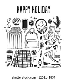 Hand drawn set with Ice Skating Things. Winter Sport vector background. Actual fashion illustration. Original doodle style drawing. Creative ink art work