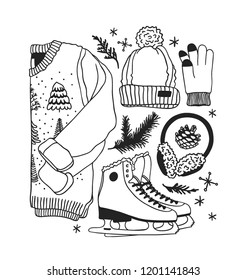 Hand drawn set with Ice Skating Things. Winter Sport vector background. Actual fashion illustration. Original doodle style drawing. Creative ink art work