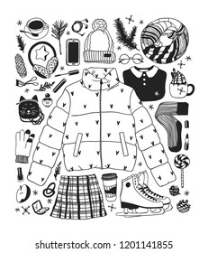 Hand drawn set with Ice Skating Things. Winter Sport vector background. Actual fashion illustration. Original doodle style drawing. Creative ink art work