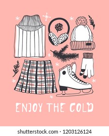 Hand drawn set with Ice Skating Things. Winter Sport vector background. Actual fashion illustration. Original doodle style drawing. Creative ink art work