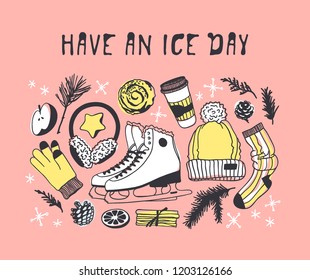 Hand drawn set with Ice Skating Things. Winter Sport vector background. Actual fashion illustration. Original doodle style drawing. Creative ink art work