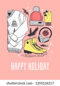 Hand drawn set with Ice Skating Things. Winter Sport vector background. Actual fashion illustration. Original doodle style drawing. Creative ink art work