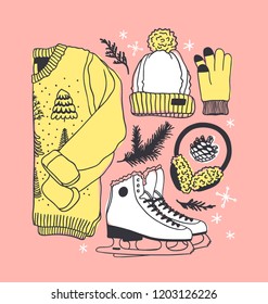 Hand drawn set with Ice Skating Things. Winter Sport vector background. Actual fashion illustration. Original doodle style drawing. Creative ink art work