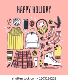 Hand drawn set with Ice Skating Things. Winter Sport vector background. Actual fashion illustration. Original doodle style drawing. Creative ink art work