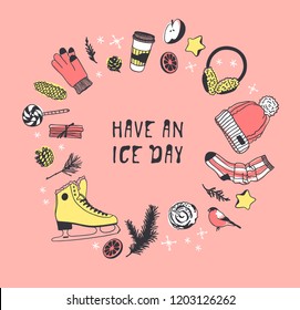 Hand drawn set with Ice Skating Things. Winter Sport vector background. Actual fashion illustration. Original doodle style drawing. Creative ink art work