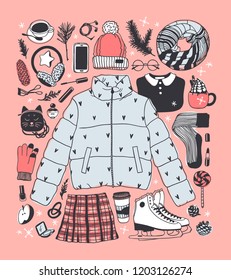 Hand drawn set with Ice Skating Things. Winter Sport vector background. Actual fashion illustration. Original doodle style drawing. Creative ink art work
