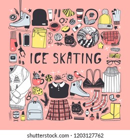 Hand drawn set with Ice Skating Things. Winter Sport vector background. Actual fashion illustration. Original doodle style drawing. Creative ink art work