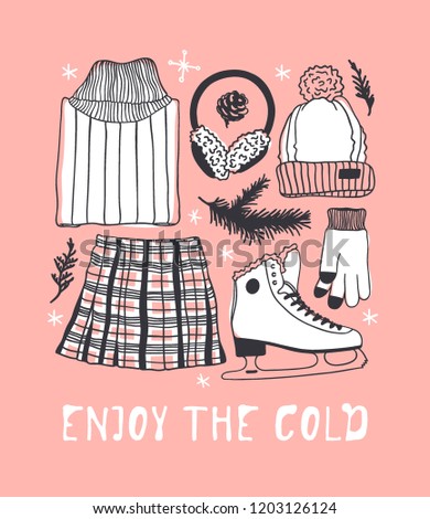 Hand drawn set with Ice Skating Things. Winter Sport vector background. Actual fashion illustration. Original doodle style drawing. Creative ink art work