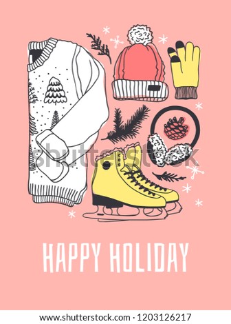 Hand drawn set with Ice Skating Things. Winter Sport vector background. Actual fashion illustration. Original doodle style drawing. Creative ink art work