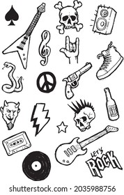 hand drawn set of icons rock, skull, beer, guitar, sneakers, snake, revolver, tape, music, bass, stereo, devil, lets rock, black	