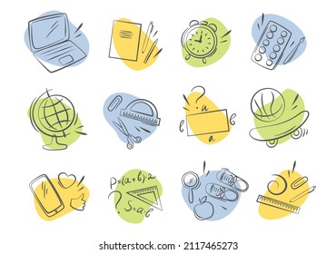Iconos dibujados a mano de los materiales y objetos escolares. De vuelta a la escuela. Estilo de dibujo de Doodle. Ilustración del vector