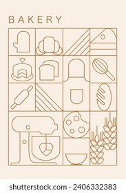 Hand drawn set illustration of Bakery. Icons. Bread, bakery products,  dish, food processor, wheat. Abstract geometric line background. Gold luxury