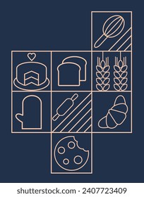 Hand drawn set illustration of Bakery. Icons. Bread, bakery products, baking dish, food processor, 
wheat. Abstract geometric line background.