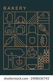 Hand drawn set illustration of Bakery. Icons. Bread, bakery products,  dish, food processor, wheat. Abstract geometric line background. Gold luxury