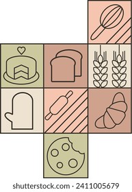 Dibujo manual de la panadería. Iconos. Pan, productos de panadería, plato de horneado, procesador de alimentos, 
trigo. Resumen del fondo de línea geométrica.