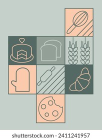 Hand drawn set illustration of Bakery. Icons. Bread, bakery products, baking dish, food processor, 
wheat. Abstract geometric line background.